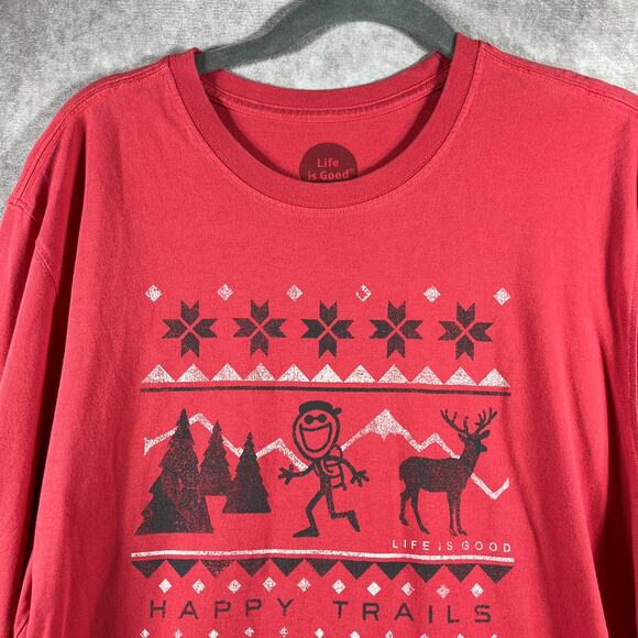 Life Is Good Shirt Mens Medium Red Happy‎ Trails Classic Fit Holiday Christmas - Picture 1 of 9